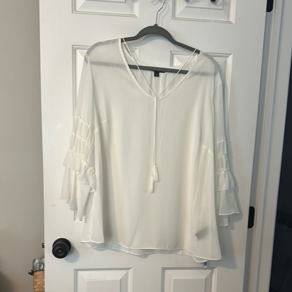 Zac & Rachel Blue and White Ruffled Blouse with Flutter Sleeves